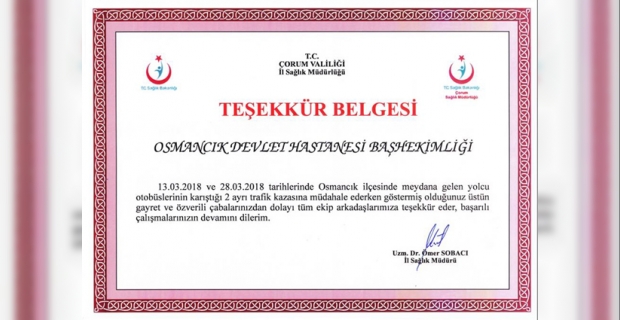 Osmancık Devlet Hastanesi'ne teşekkür belgesi